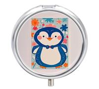 Pilulier rond portable, joli imprimé pingouin, organiseur de voyage à 3 compartiments avec miroir