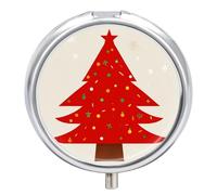 Pilulier rond portable, magnifique arbre de Noël imprimé rouge organisateur de médicaments de voyage 3 compartiments avec miroir
