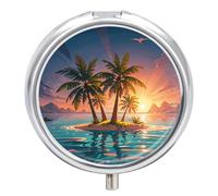 Pilulier rond portable, magnifique lever de soleil, palmier tropical, île imprimée, organisateur de médicaments de voyage, boîte de rangement de médicaments à 3 compartiments avec miroir