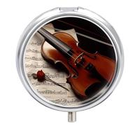 Pilulier rond portable, magnifique partition de violon imprimé organisateur de médicaments de voyage 3 compartiments avec miroir