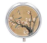 Pilulier rond portable, magnifique peinture chinoise traditionnelle oiseau sur prunier romantique imprimé organisateur de médicaments de voyage 3 compartiments avec miroir
