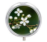 Pilulier rond portable, magnifique plante naturelle blanche imprimée brindilles vertes organisateur de médicaments de voyage 3 compartiments boîte de rangement pour médicaments avec miroir