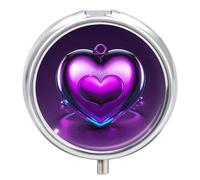 Pilulier rond portable, magnifiquement tendance, avec imprimé cœur violet, organisateur de médicaments de voyage à 3 compartiments avec miroir
