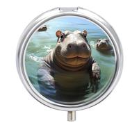 Pilulier rond portable mignon hippopotame - Petit pilulier de voyage étanche - Organiseur pour poche, sac à main et commodité quotidienne