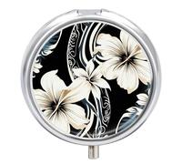 Pilulier rond portable noir et blanc à motif de fleurs hawaïennes - Étanche - Organiseur de voyage pour poche, sac à main et commodité quotidienne