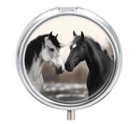 Pilulier rond portable noir et blanc avec chevaux - Boîte à pilules de voyage étanche - Organiseur pour poche, sac à main et commodité quotidienne