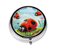 Pilulier rond pour sac à main ou poche - 2 compartiments - Petit pilulier portable - Coccinelle - Paysage - Pilulier de voyage pour médicaments, vitamines, foie de morue, huile de foie