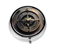 Pilulier rond pour sac à main ou poche - 2 compartiments - Petit pilulier portable - Design magique - Runes nordiques - Compas - Pilulier de voyage - Vitamine - Morue - Huile de foie