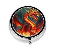 Pilulier rond pour sac à main ou poche - 2 compartiments - Petit pilulier portable - Dragon King dans le feu - Pilulier de voyage pour médicaments, vitamines, foie de morue, huile de foie