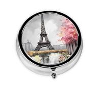 Pilulier rond pour sac à main ou poche 2 compartiments - Petit pilulier portable - Peinture à l'huile - Tour Eiffel - Pilulier de voyage pour médicaments, vitamines, foie de morue, huile de foie