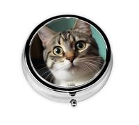 Pilulier rond pour sac à main ou poche, 2 compartiments, petit pilulier portable, petit pilulier un curieux chat, pilulier de voyage, médicaments, vitamines, foie de morue, huile de foie
