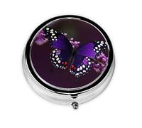 Pilulier rond pour sac à main ou poche - 2 compartiments - Petit pilulier portable - Violet prune - Papillon - Pilulier de voyage pour médicaments, vitamines, foie de morue, huile de foie