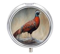 Pilulier rond rouge faisan à 3 compartiments avec miroir - Petit pilulier de voyage - Joli organisateur de vitamines portable pour le quotidien - Pour poche et sac à main