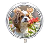 Pilulier rond Shih Tzu avec chien et fleurs - 3 compartiments - Portable - Pour le voyage - Mini récipient compact pour médicaments - Distributeur de supplément de vitamines