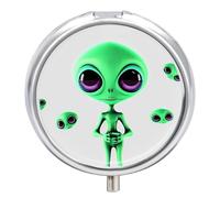 Pilulier rond vert Alien à 3 compartiments avec miroir, petit pilulier de voyage mignon organisateur de vitamines portable pour sac à main