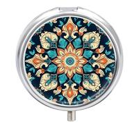 Pilulier rond vintage à 3 compartiments avec miroir de voyage - Motif mandala - Joli organiseur de vitamines - Portable - Pour le quotidien - Pour poche et sac à main