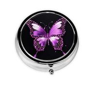 Pilulier rond violet papillon 3 compartiments pour sac à main, joli pilulier en métal, petit pilulier de voyage pour contenir des vitamines, des suppléments d'huile de poisson