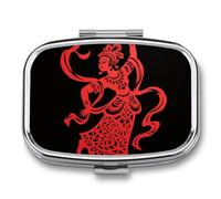 Pilulier rouge en forme de danseuse carrée à 2 compartiments en métal avec miroir pour sac à main de poche