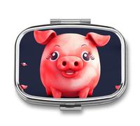 Pilulier rouge mignon cochon à 2 compartiments, pilulier portable avec miroir pour sac à main, voyage, mini organisateur de médicaments en métal pour vitamines, huile de poisson