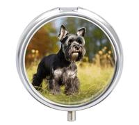 Pilulier Schnauzer en forme de chien sur l'herbe - 3 compartiments - Petit pilulier quotidien - Boîte à pilules de voyage ronde en métal pour sac à main