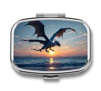 Pilulier Sea Sunset Flying Dragon - 2 compartiments - Étanche - Avec miroir - Boîte à médicaments carrée en métal - Portable - Pour poche et sac à main - Pour voyage