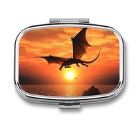 Pilulier Sea Sunset Flying Dragon - 2 compartiments - Étanche - Avec miroir - Boîte à médicaments carrée en métal - Portable - Pour poche et sac à main - Pour voyage