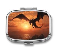 Pilulier Sea Sunset Flying Dragon - 2 compartiments - Organiseur portable pour poche ou sac à main - Organisateur décoratif en métal pour médicaments et vitamines