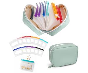 Pilulier Semainier, Ensemble De Piluliers A8 Étanche Avec 14 Pochettes à Code Couleur, Portable Pillulier Voyage Avec Fermeture Éclair, Grande Capacité Réutilisable Boite Medicaments 7-14 Jours (Vert)