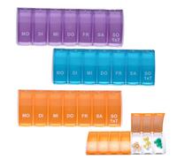 Pilulier Semainier Français 7 Jours, 3pcs Pilulier 7 Jours Semainier Medicament Boite Medicaments Rangement Grande Capacité 7 Compartiments Sans BPA Boîte à Pilules Facile à Ouvrir(Bleu Violet Orange)