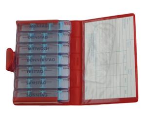 Pilulier semainier,MEDIDOS-LUXE,ROUGE,version allemande,étui 7 jours individuels,28 compartiments modulables,pour médicaments peu volumineux.Etui solide,rigide en matière synthétique semi-mate.