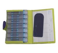 Pilulier semainier, MEDIDOS - SOFT, VIOLET/JAUNE, indications en ALLEMAND, trousse de poche, 7 jours individuels, 28 compartiments modulables, pour médicaments peu volumineux. Etui solide, rigide, matière synthétique mate, douce et agréable au toucher. Disponible en Français, Allemand, Anglais, Italien.