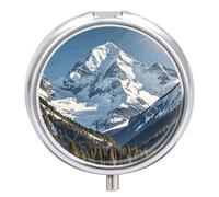 Pilulier spectaculaire des montagnes enneigées à 3 compartiments rond en métal - Mini étui de voyage portable avec miroir - Joli récipient à médicaments pour sac à main de poche