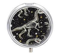 Pilulier squelette dinosaure 3 compartiments 3 fois par jour mignon mini pilulier pour sac à main et poche Boîte à médicaments portable en métal avec miroir rond pour médicaments quotidiens et