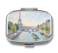 Pilulier Tour Eiffel à Paris à 2 compartiments carré en métal - Mini étui à médicaments de voyage avec miroir - Joli porte-médicaments pour poche et sac à main
