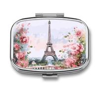 Pilulier tour Eiffel avec fleurs 2 compartiments portable de voyage avec miroir carré en métal pour ranger les médicaments vitamines huile de poisson
