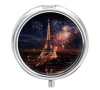 Pilulier tour Eiffel en forme de feu d'artifice à 3 compartiments - Portable - Boîte à médicaments ronde - Support rond pour vitamines - Organisateur de médicaments décoratif en métal
