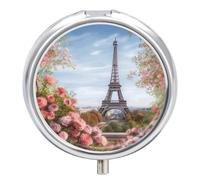 Pilulier tour Eiffel Paris avec fleurs - 3 compartiments - Étanche - Avec miroir - Récipient rond en métal - Boîte à médicaments portable pour poche et sac à main - Pour voyage