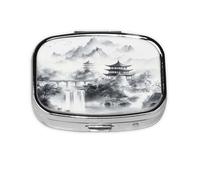 Pilulier traditionnel à l'encre chinoise avec motif peinture à l'encre chinoise - Pilulier de voyage - Petite boîte à médicaments carrée pour sac à main et cadeaux de poche