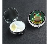 Pilulier vert amusant grenouille 3 compartiments rond portable pour poche ou sac à main, petit planificateur de médicaments hebdomadaire, boîte de voyage avec miroir décoratif en métal porte-vitamines
