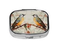 Pilulier vintage à 2 compartiments en métal - Motif oiseaux - Joli pilulier de voyage - Organisateur de vitamines pour sac à main, poche, cadeau de voyage