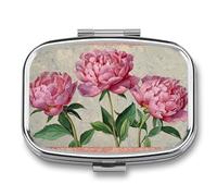 Pilulier vintage à 2 compartiments - Motif pivoines - Portable - Pour sac à main