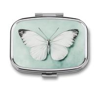 Pilulier vintage avec papillon blanc sur vert - 2 compartiments - Pilulier portable de voyage pour sac à main