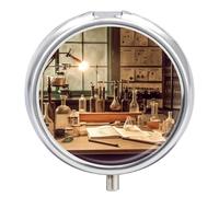 Pilulier vintage de laboratoire de chimie à 3 compartiments étanche avec miroir, récipient rond en métal, organisateur de médicaments portable pour poche et sac à main de voyage