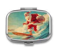 Pilulier vintage de Noël avec 2 compartiments - Motif Père Noël surfant - Portable - Pilulier de voyage pour sac à main