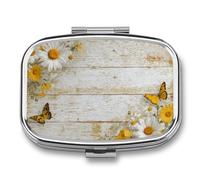 Pilulier vintage en bois rustique avec marguerites et papillons 2 compartiments - Pilulier de voyage pour sac à main