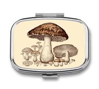 Pilulier vintage en métal à dessin de champignons, pilulier étanche à 2 compartiments avec miroir pour sac à main, porte-vitamines, récipient de voyage portable (carré)