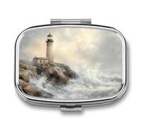 Pilulier vintage Lighthouse on The Rocky Coastline - 2 compartiments - Portable - Pilulier de voyage pour sac à main