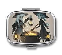 Pilulier Witch and The Cauldron - 2 compartiments - Étanche - Avec miroir - Boîte à médicaments carrée en métal - Portable - Pour poche et sac à main - Pour voyage