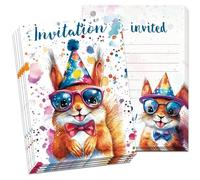 PILUZEAT 12 Cartes d'invitation Anniversaire Amusantes Fille Garcon Enfant Écureuil Animaux Colorés invitation à une Goûter Thème Fête Cadeau 5-12 ans