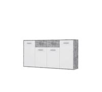 PILVI Buffet bas 4 portes 4 tiroirs - Blanc et beton gris clair - L 162,3 x P 34,2 x H 88,1 cm